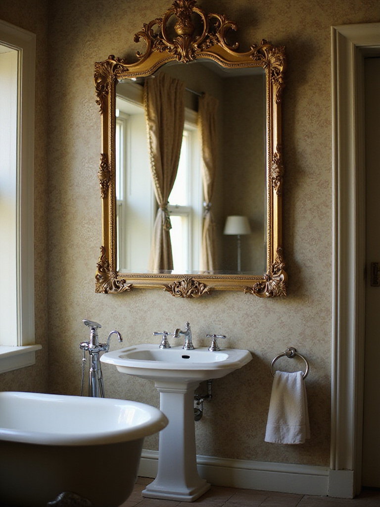 Bathroom featuring a large, ornate vintage mirror above a pedestal sink.