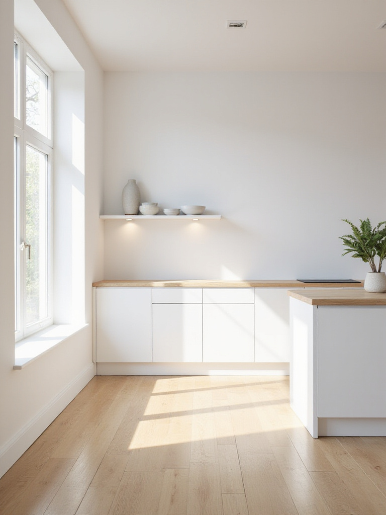 Minimalist Scandinavian kitchen interior with light wood floors, white cabinets, and a sunlit kitchen island.