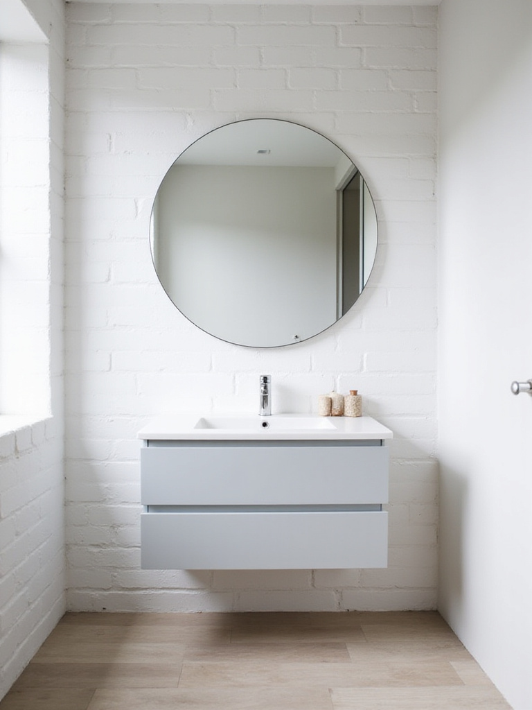Modern bathroom with a frameless round mirror above a floating vanity.