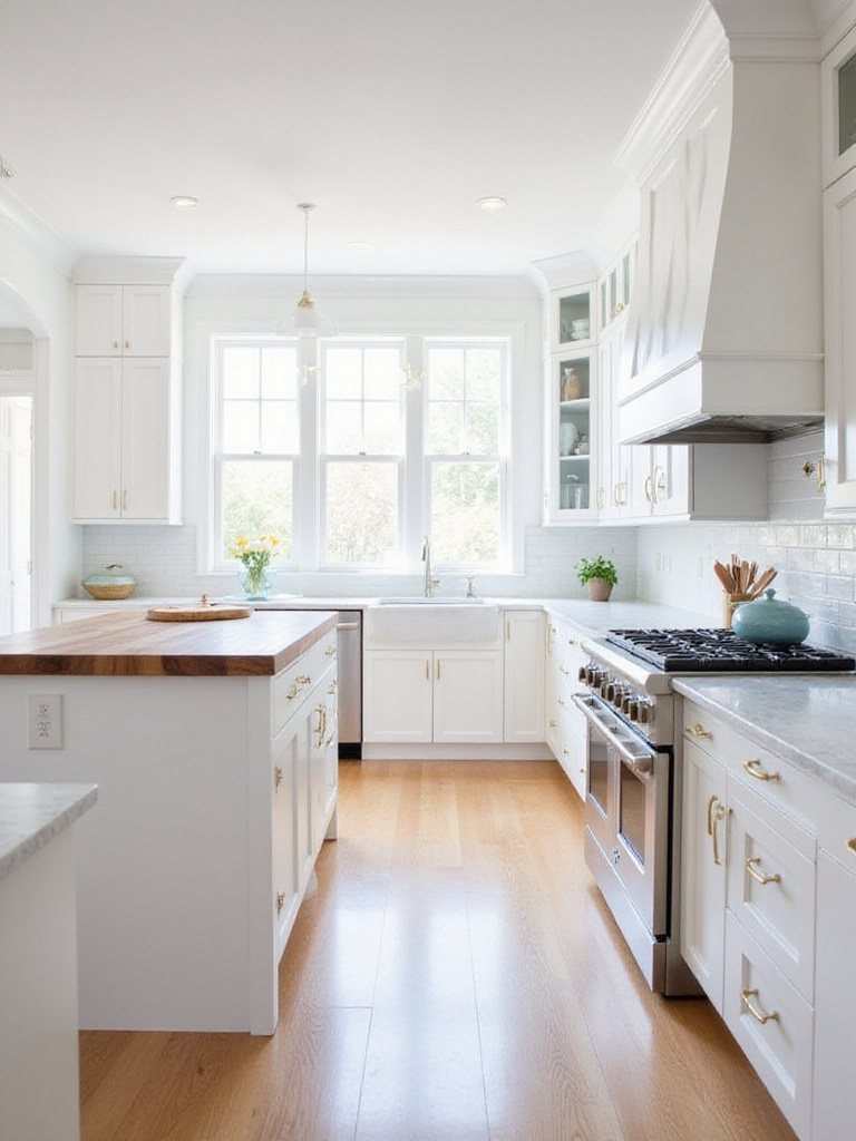 Bright and spacious all-white kitchen with marble countertops and shaker cabinets