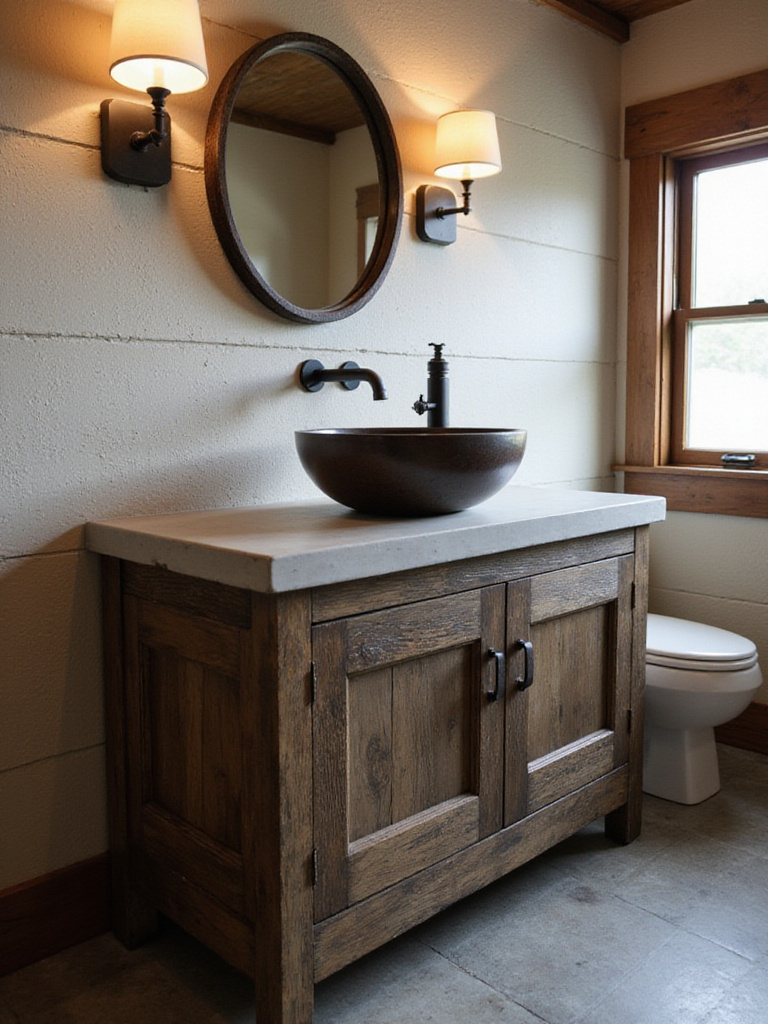 Rustic bathroom featuring a reclaimed wood vanity with a concrete countertop and vessel sink.