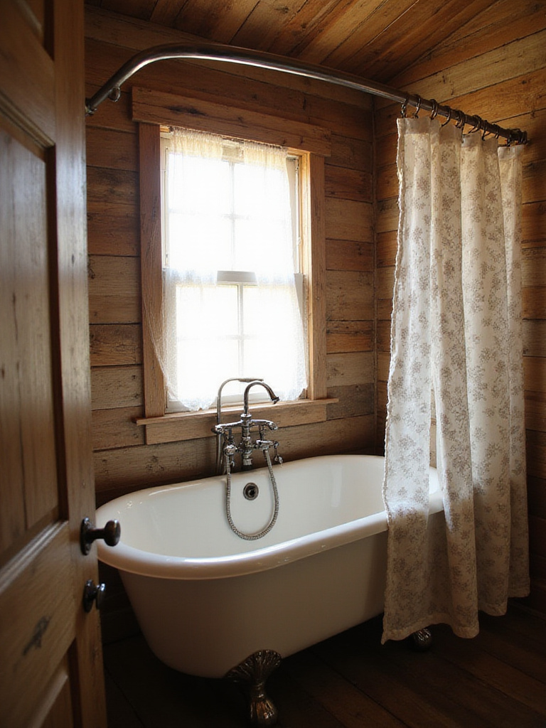 Rustic bathroom with clawfoot tub and vintage-inspired floral shower curtain.