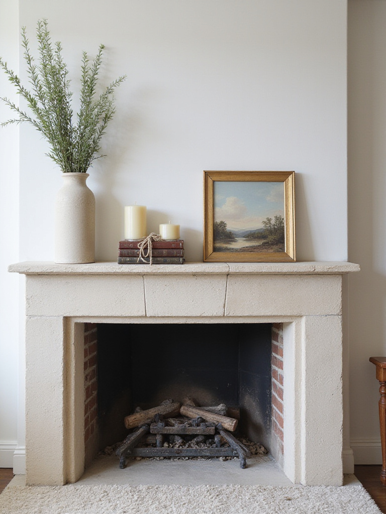 Living room fireplace mantel decorated with vase, books, candles, and art.