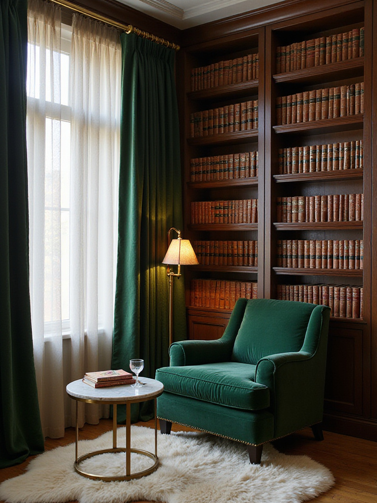 Luxurious reading nook with emerald green velvet armchair and brass floor lamp