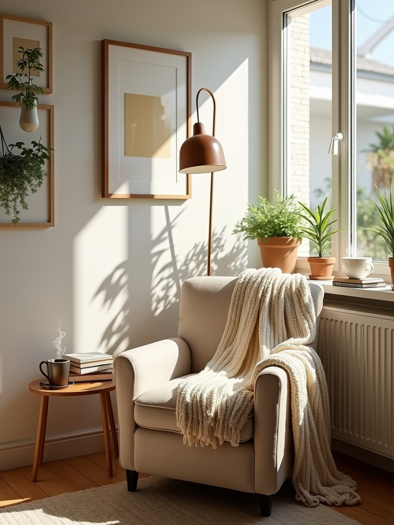 Cozy apartment bedroom reading nook with armchair, books, and natural light.