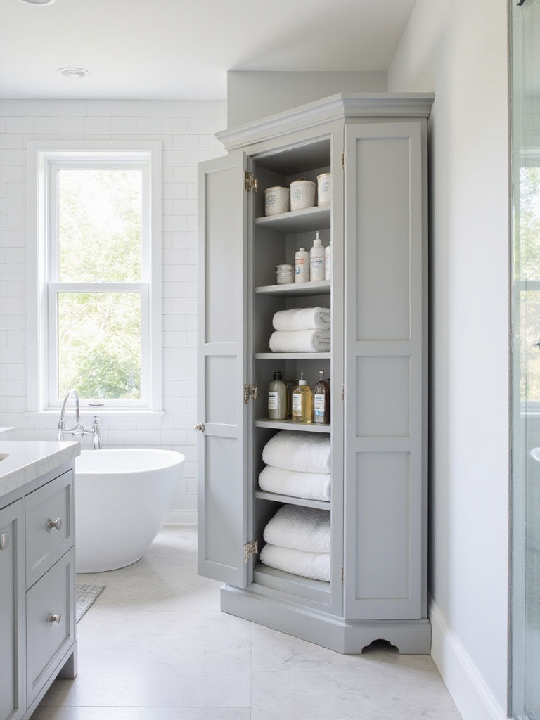 Modern bathroom with light gray shaker-style linen cabinet