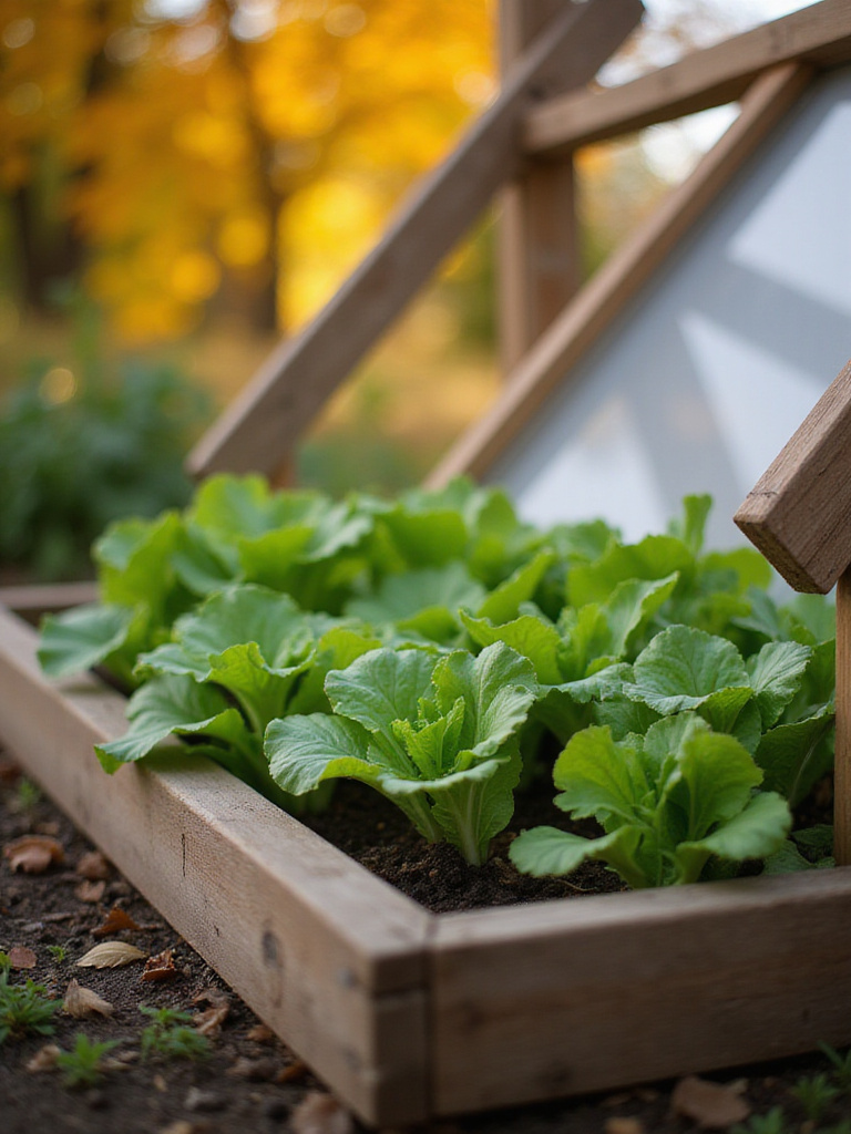Close-up of lettuce and spinach seedlings inside a cold frame in a backyard garden.