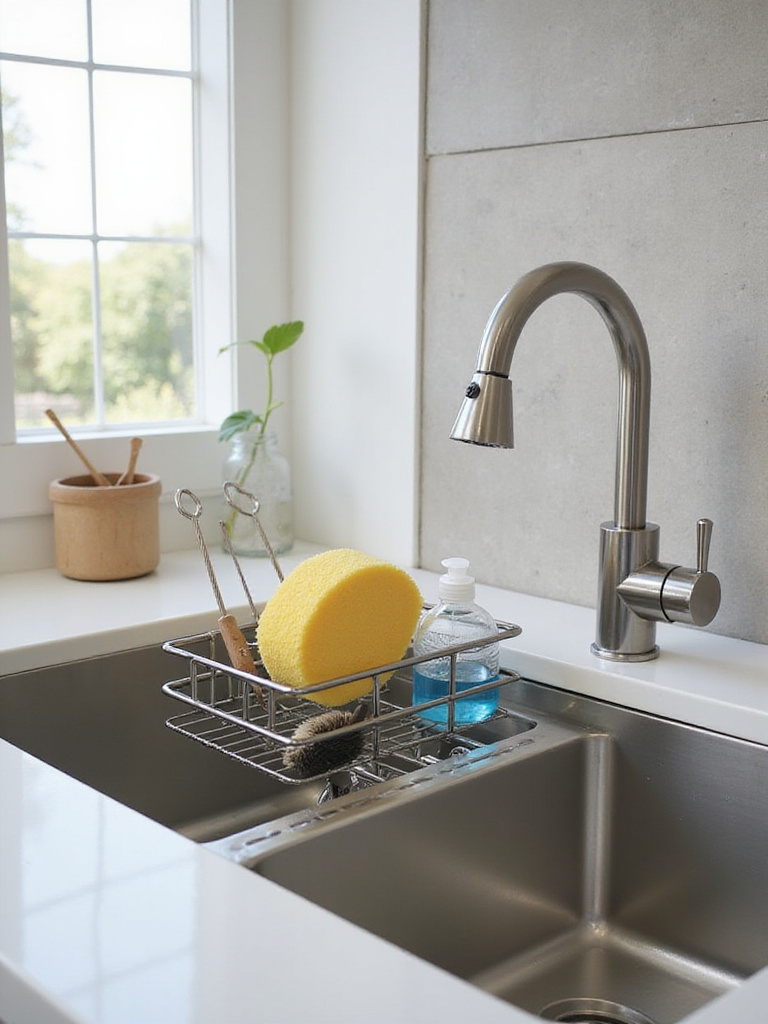 Adjustable stainless steel sink organizer holding dishwashing supplies in a modern kitchen sink.