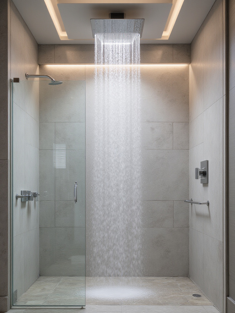 Luxurious bathroom featuring a ceiling-mounted rainfall shower head