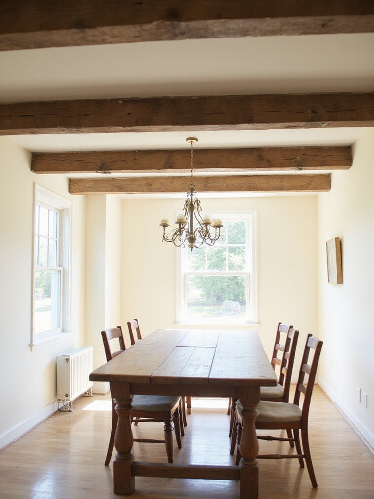 Farmhouse dining room with exposed wooden beams adding rustic charm.