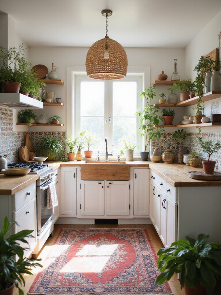 Vibrant Bohemian Kitchen with colorful tiles, open shelving, and Persian rug