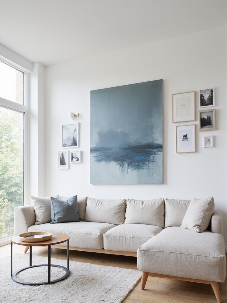 Modern living room with abstract painting above sofa and gallery wall.