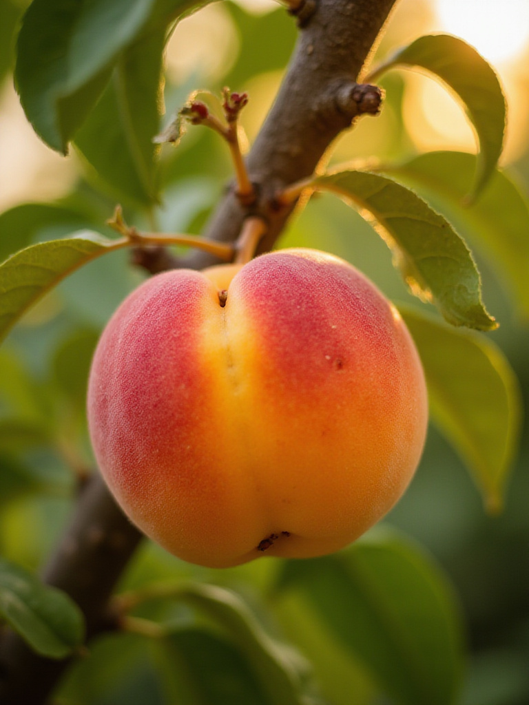 Close-up of a ripe peach hanging from a fruit tree
