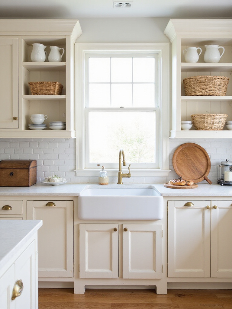 Creamy white farmhouse kitchen cabinets with distressed finish, Shaker doors, and antique brass hardware.