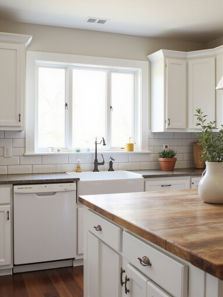 Farmhouse kitchen with white Shaker cabinets and reclaimed wood island.