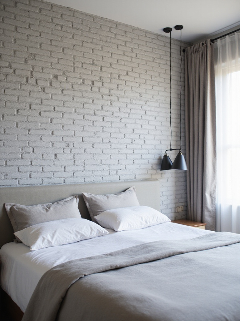 Modern bedroom with light gray faux brick accent wall and industrial lighting.
