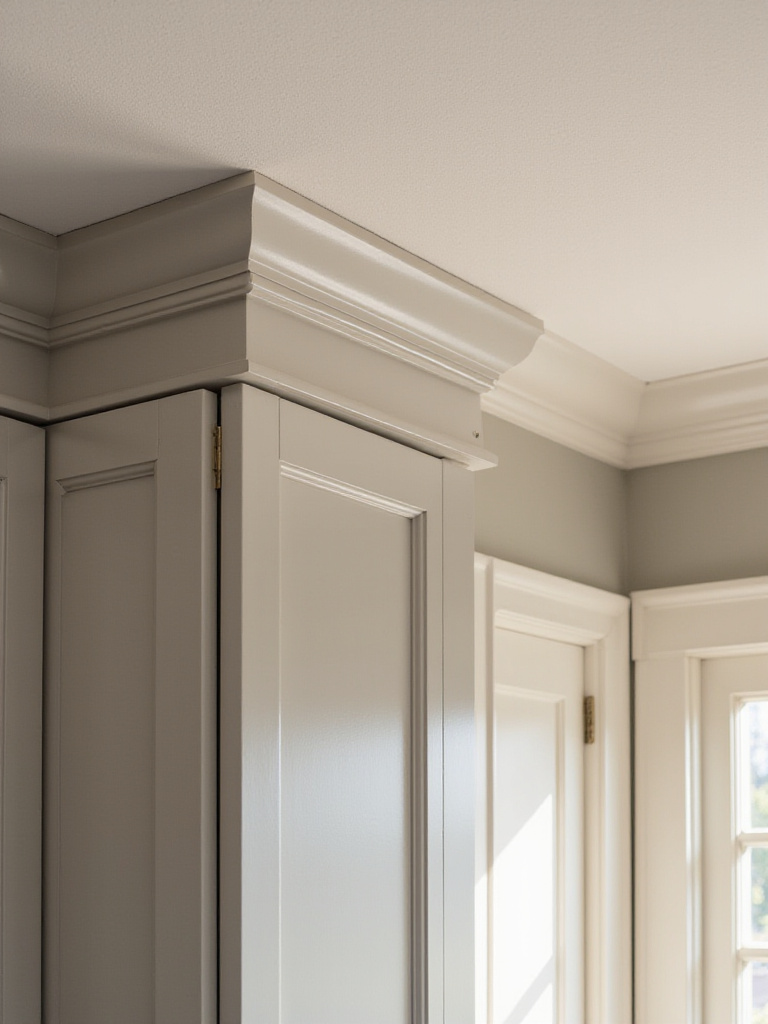 Close-up of kitchen cabinets with elegant white crown molding.