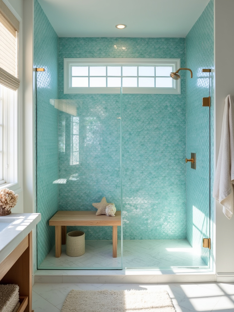 Coastal bathroom with iridescent blue fish scale shower tiles creating a mermaid-inspired design