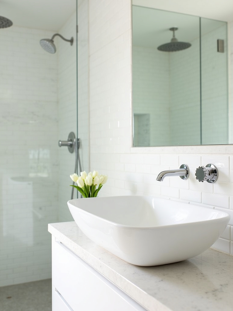 Modern bathroom fixtures including vessel sink, wall-mounted faucet, and rainfall showerhead.