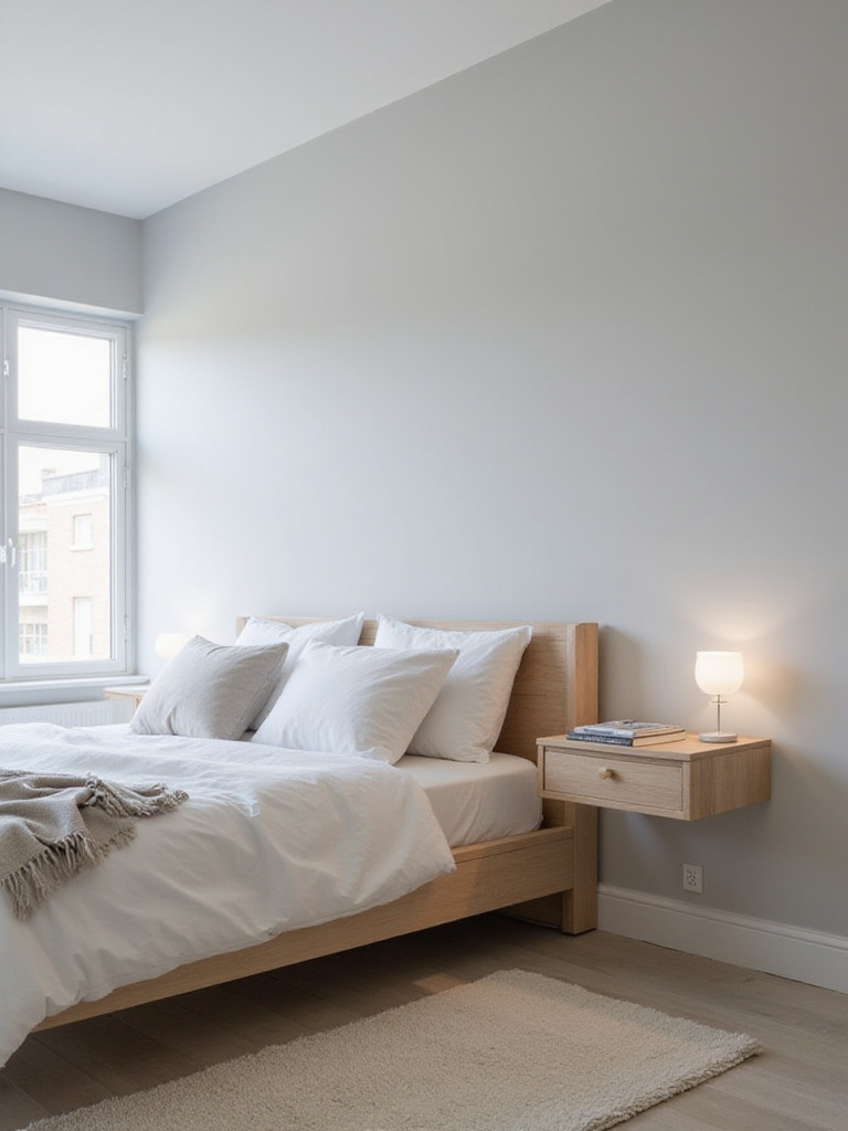 Small bedroom with platform bed and floating nightstand maximizing space.