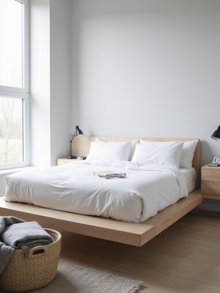 Small bedroom with floating nightstands creating a spacious feel