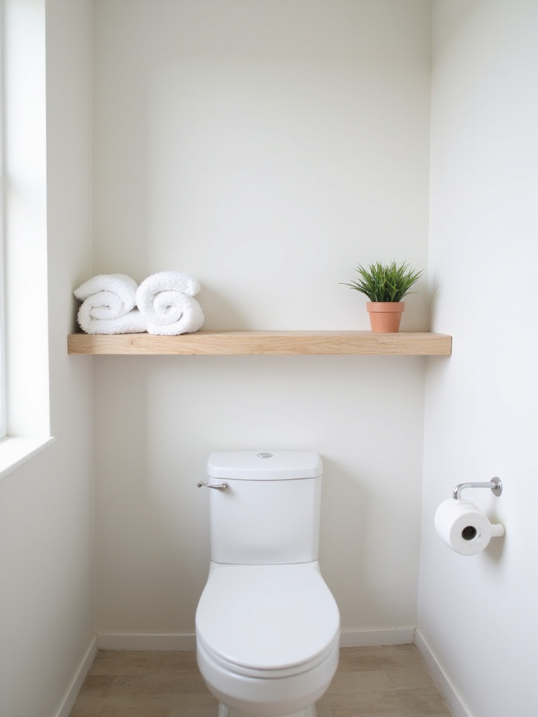 Small bathroom with light wood floating shelf above toilet for storage.