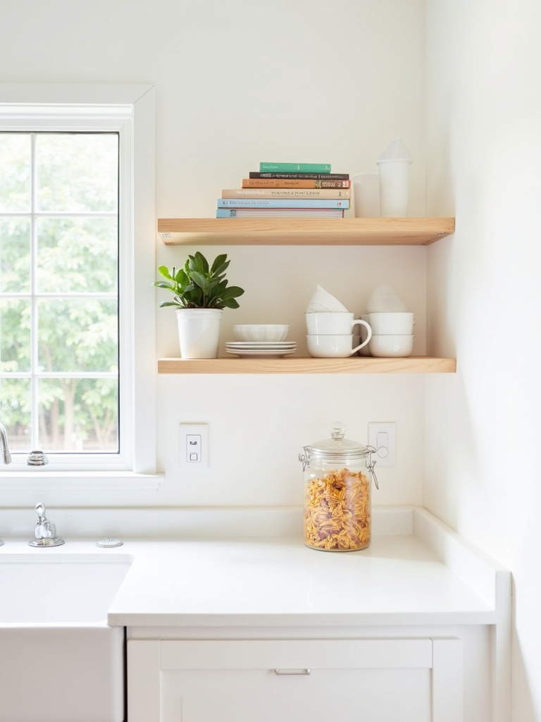 Modern kitchen with light wood floating shelves displaying cookbooks, mugs, and plants.