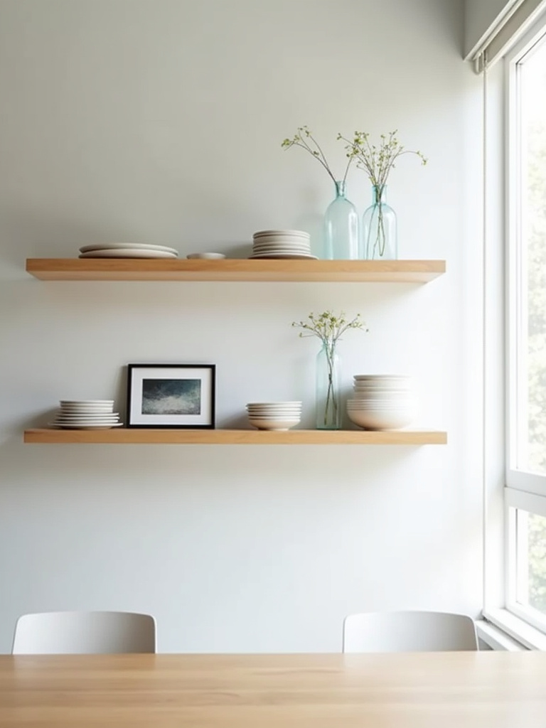 Modern dining room with light wood floating shelves displaying minimalist decor.