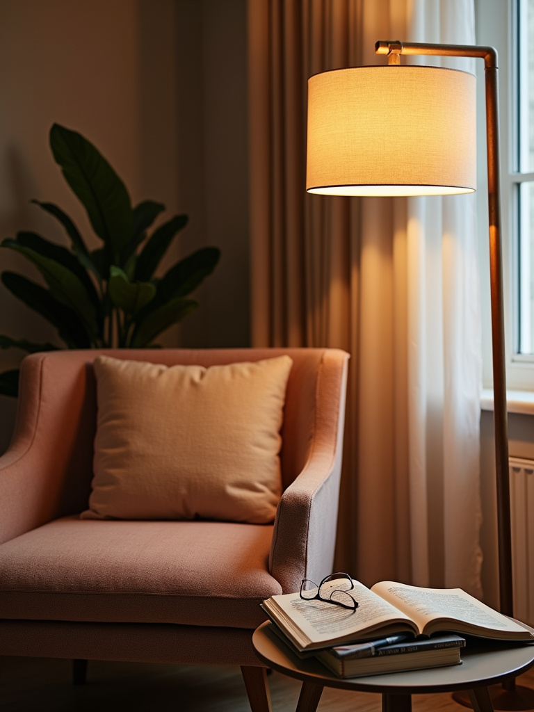 Elegant living room with a floor lamp providing warm, inviting light.