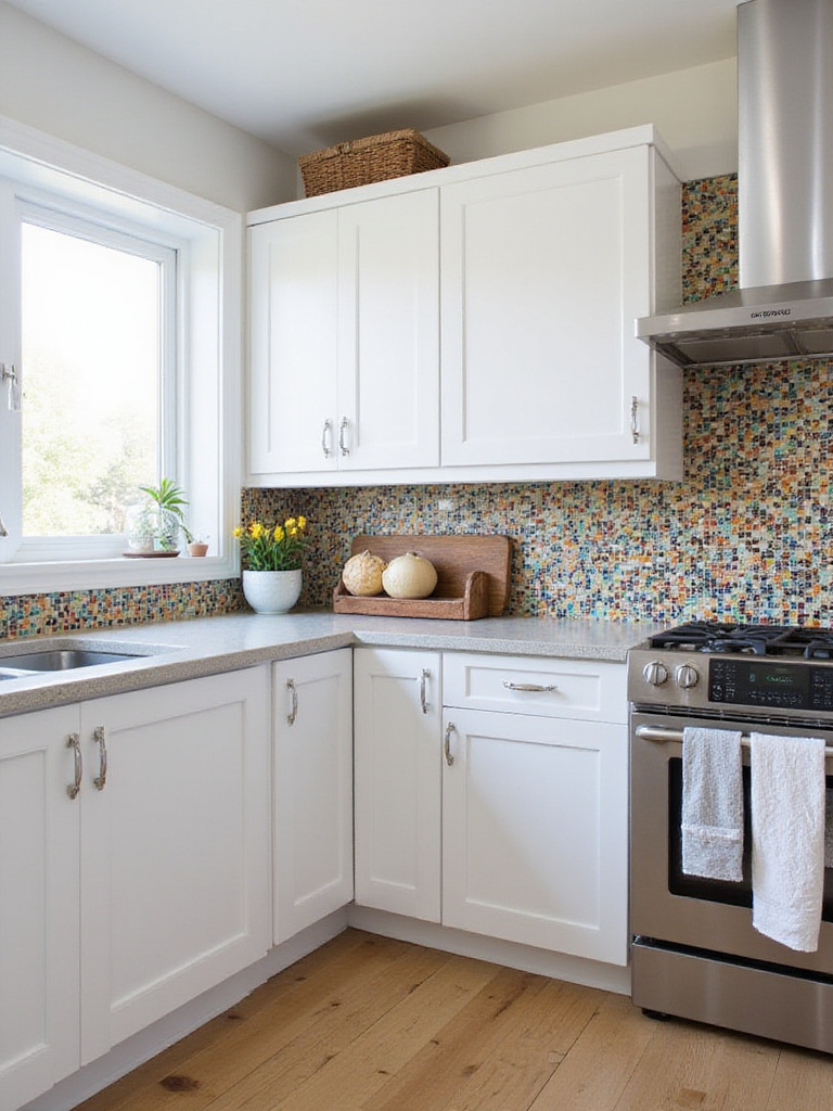 Modern kitchen design featuring a colorful mosaic tile backsplash as a focal point.