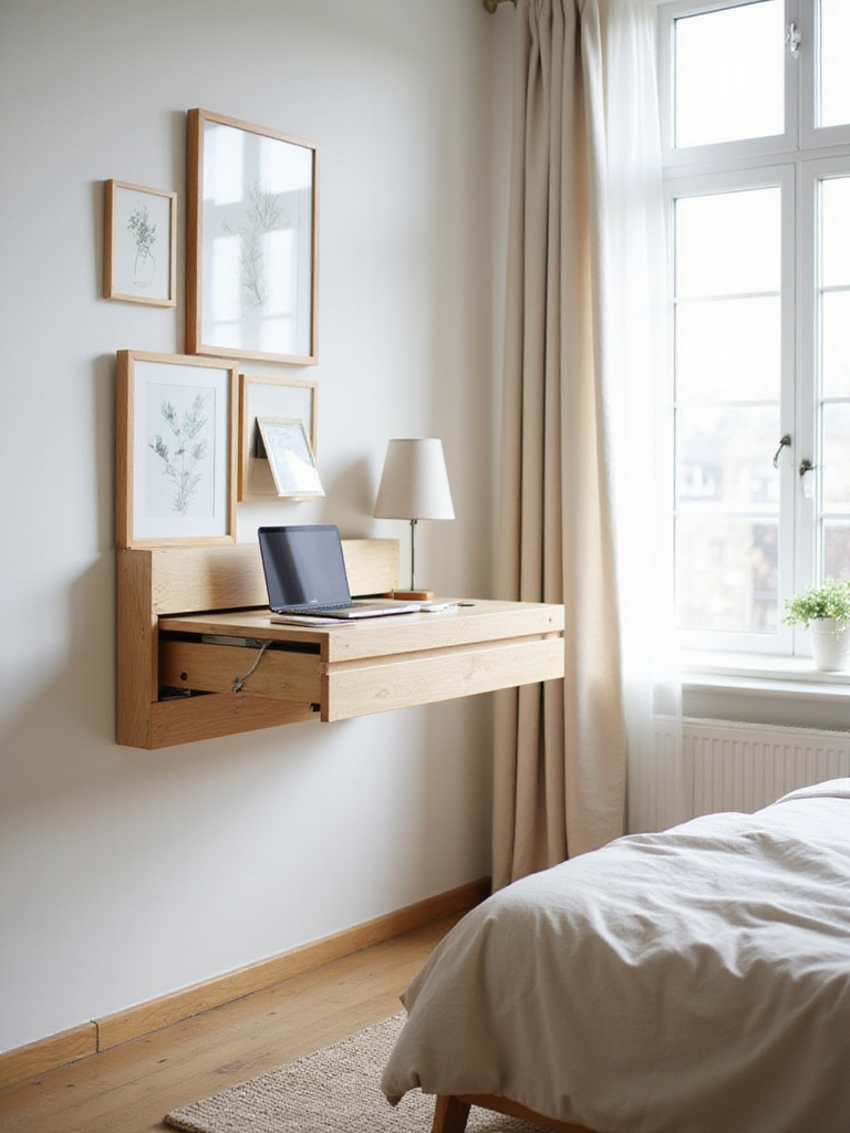 Small bedroom with a wall-mounted fold-down desk in use.