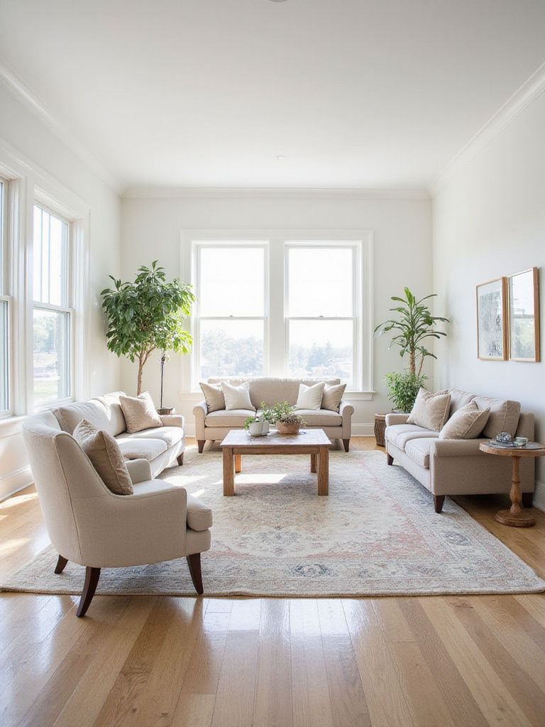 Living room furniture arrangement with a large area rug framing the seating area.