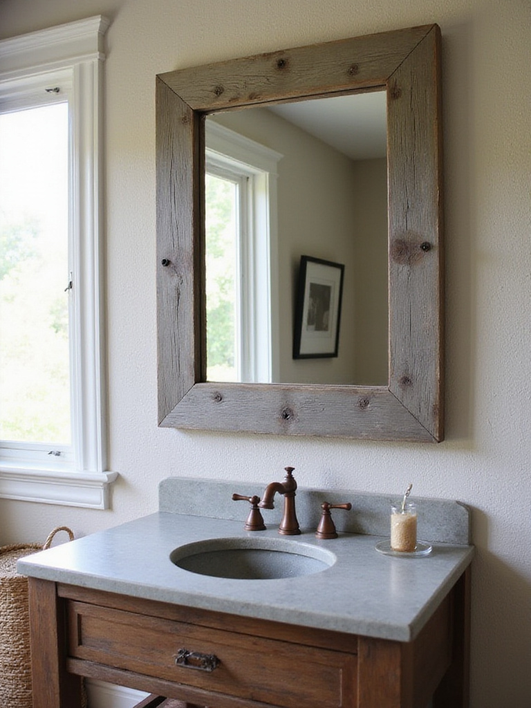 Rustic bathroom with a barn wood framed mirror above a wooden vanity.