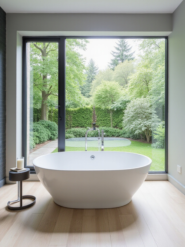 Modern bathroom with a white freestanding soaking tub and garden view.