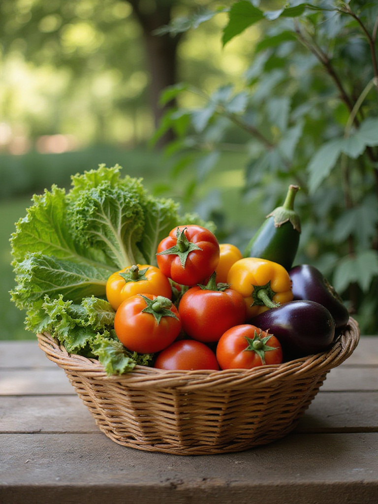 Basket overflowing with fresh, homegrown vegetables from a backyard garden