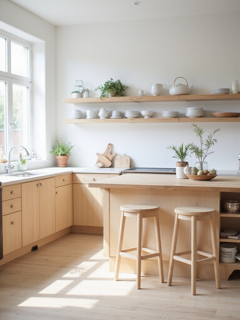 Bright Scandinavian kitchen with light wood cabinets, butcher block island, and open shelving.