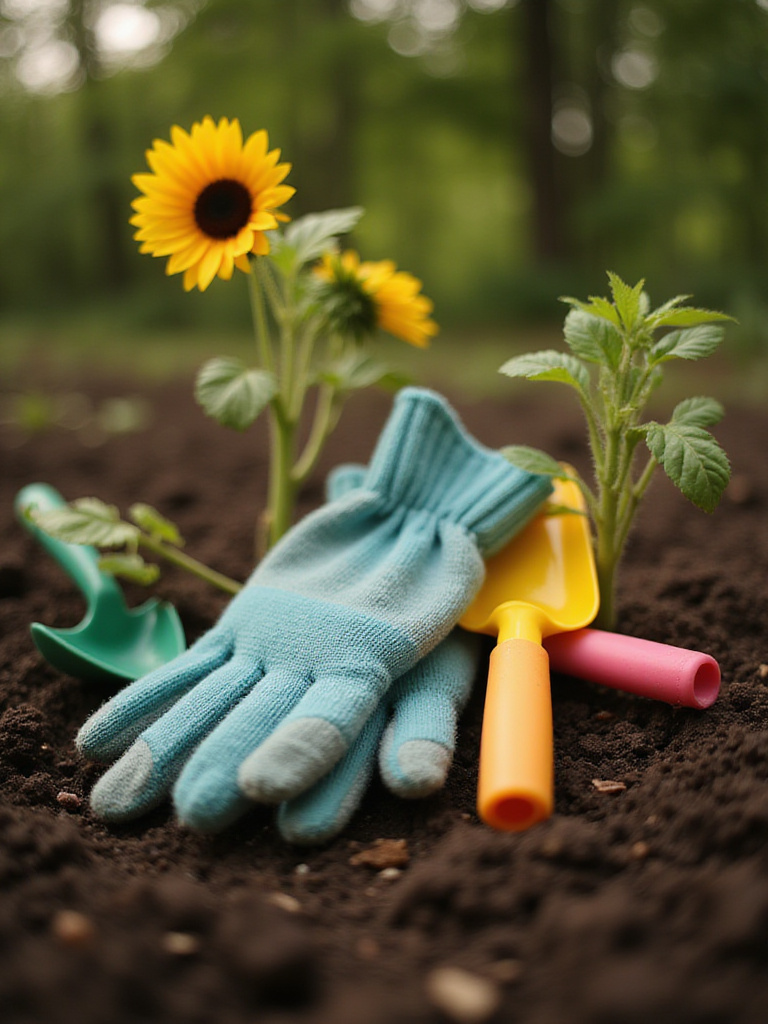 Child's gardening gloves and tools on freshly tilled soil