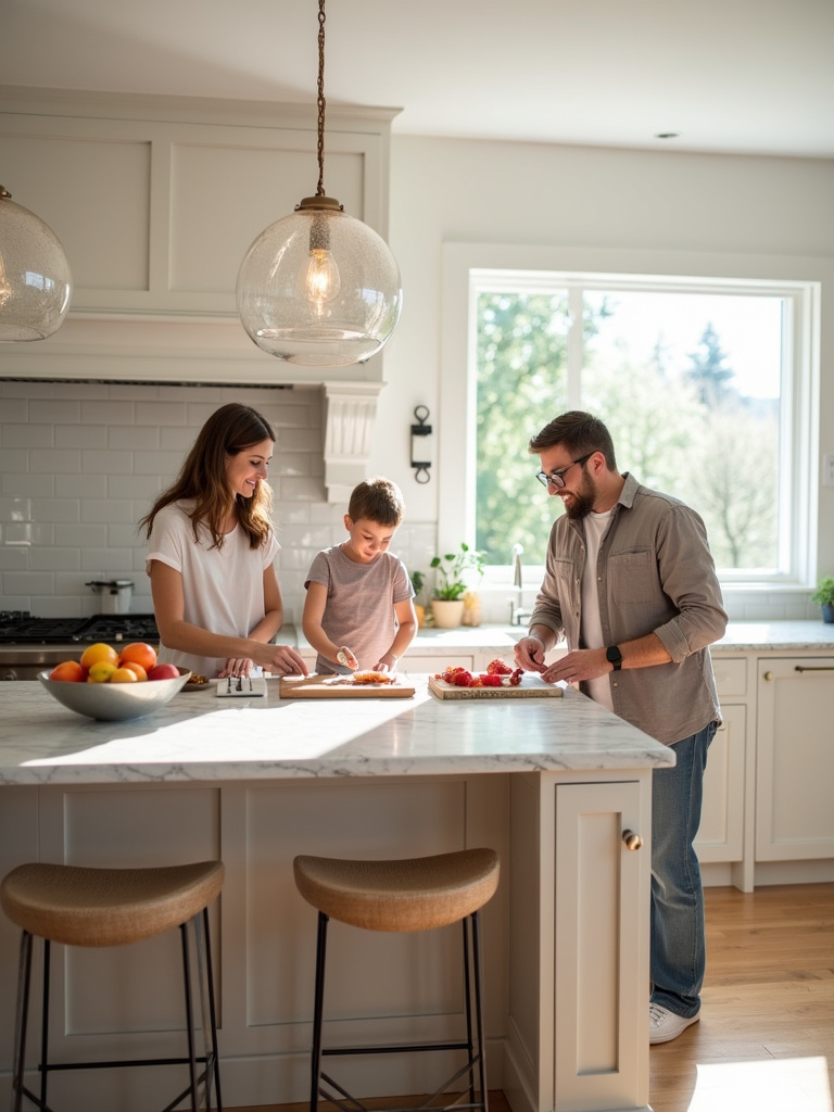 Kitchen island with seating: family gathered around an island for cooking, eating, and homework.