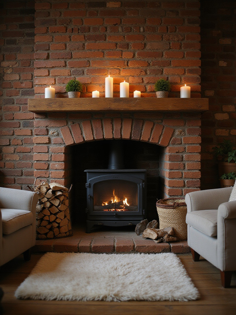 Cozy living room with brick fireplace, warm lighting, and comfortable seating.