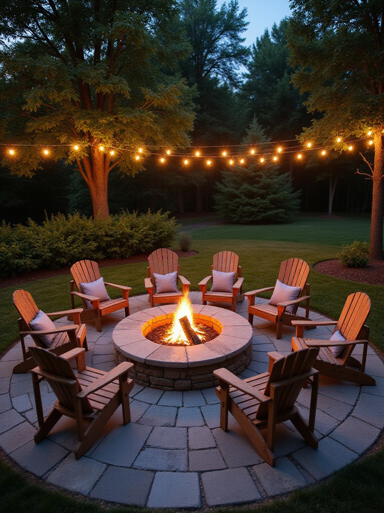 Cozy patio with a stone fire pit and Adirondack chairs, illuminated by string lights.