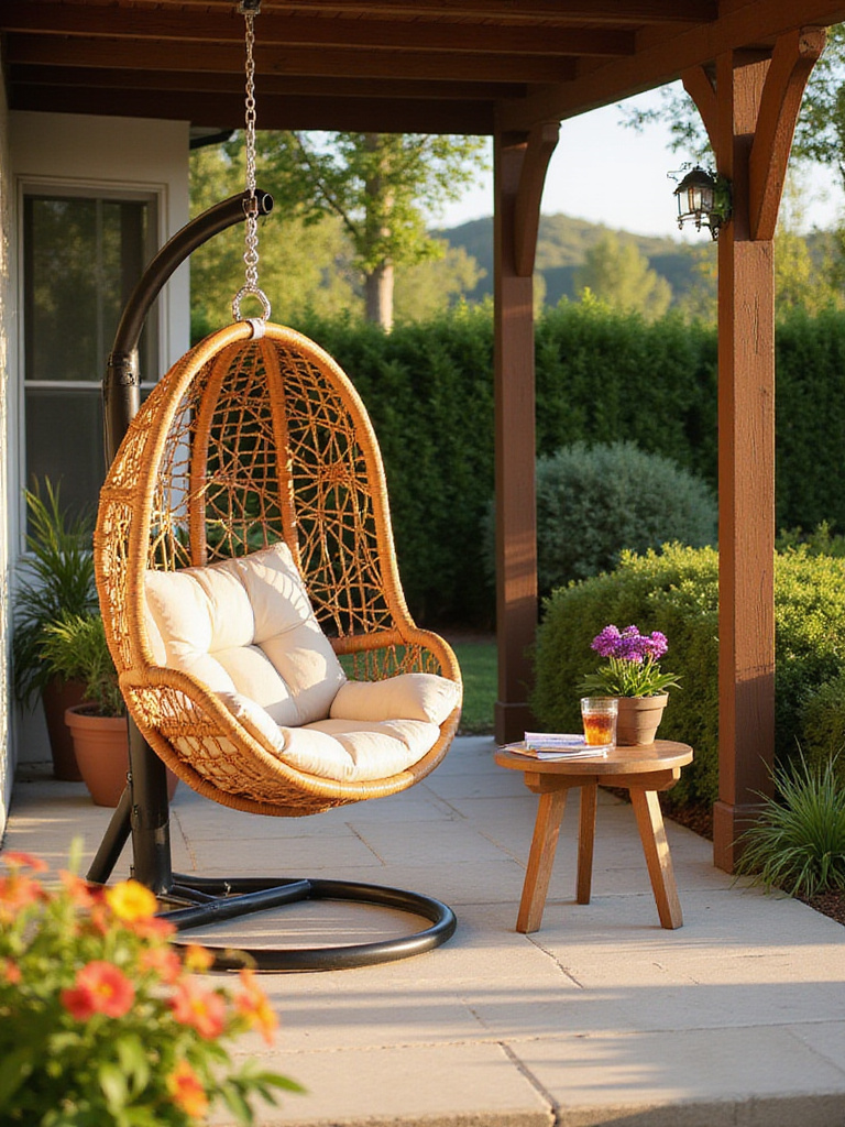 Cozy patio with a comfortable egg swing chair for relaxing afternoons