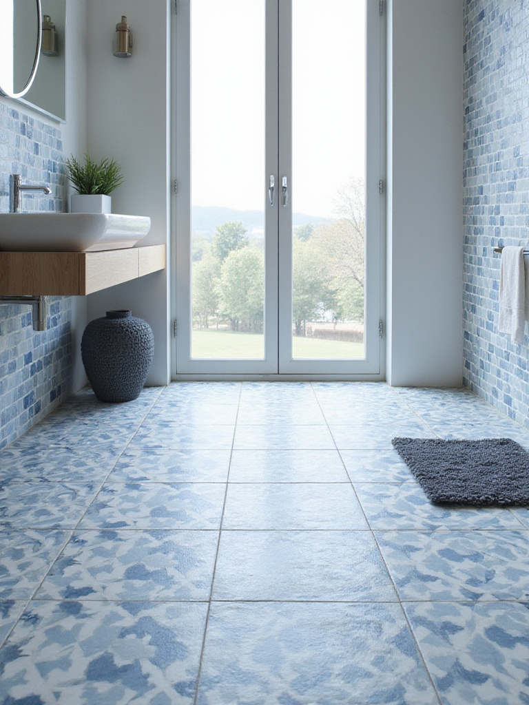 Bathroom floor with blue and white geometric porcelain tiles