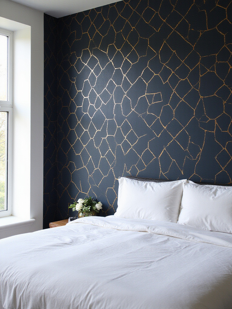 Modern bedroom with navy and gold geometric wallpaper statement wall