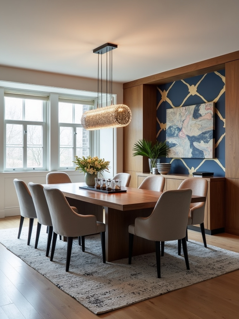 Modern dining room with geometric patterned wallpaper accent wall.