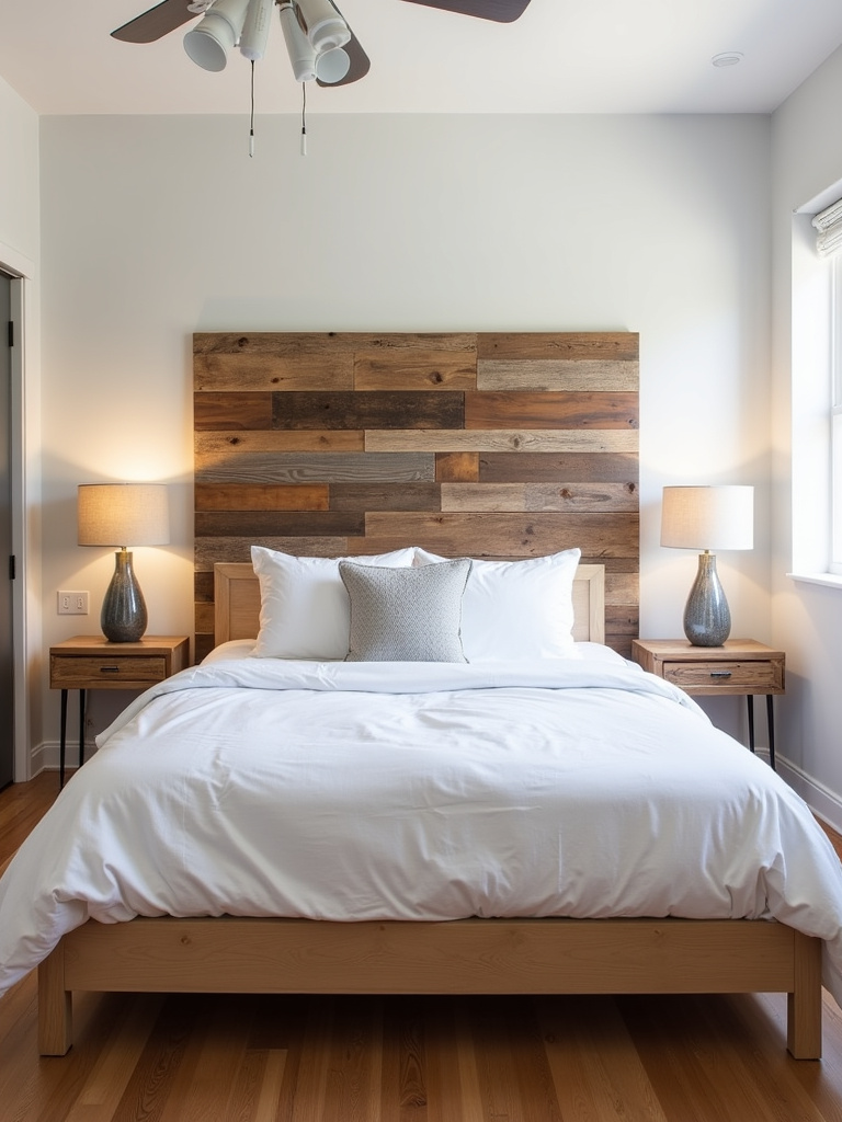 DIY reclaimed wood headboard in a modern apartment bedroom