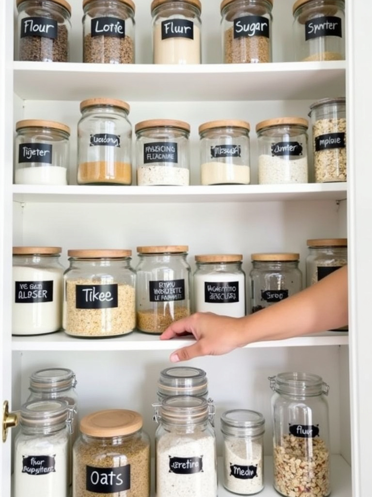 Organized pantry with labeled containers for easy access and reduced food waste.