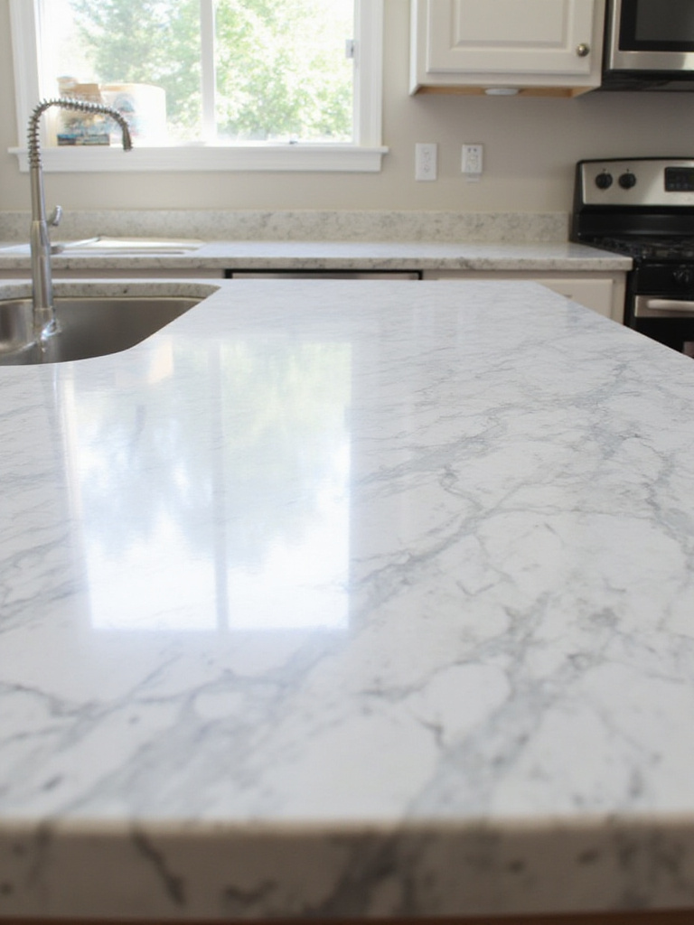 Epoxy resin countertop with marbled effect in a kitchen setting