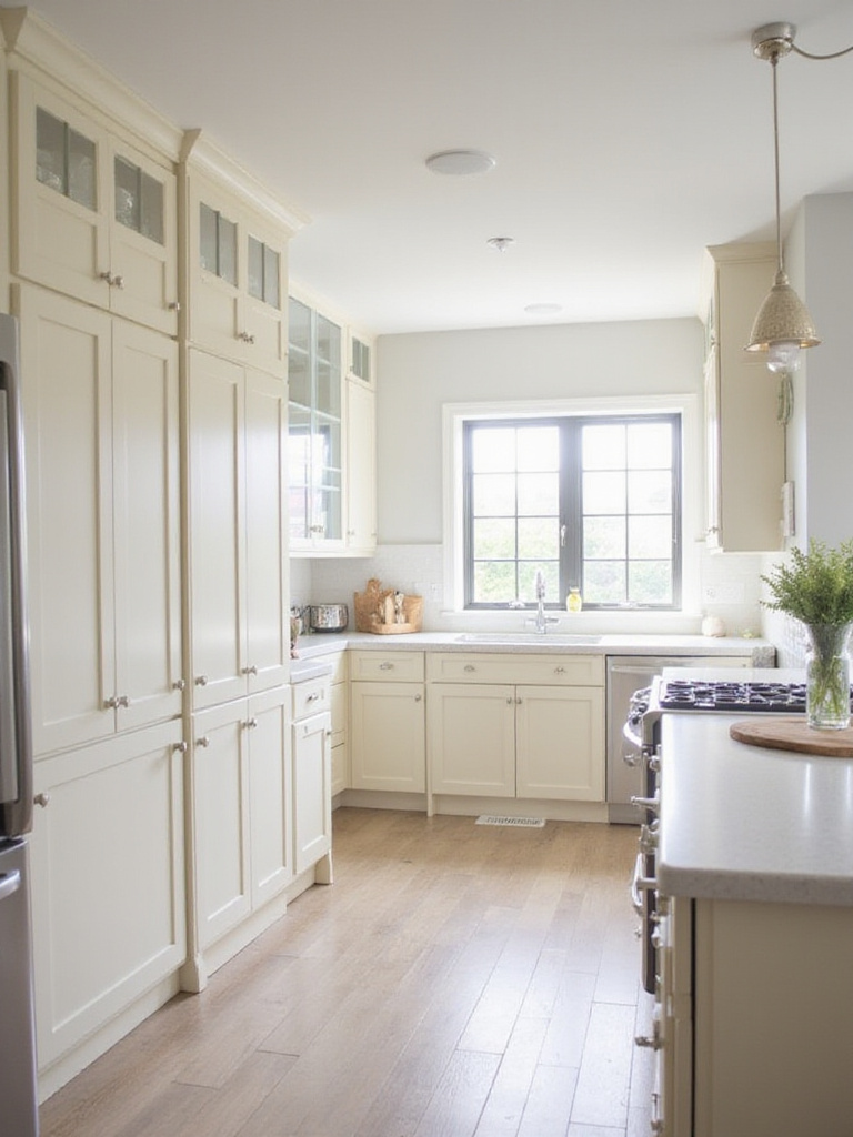 Kitchen with freshly painted cabinets in a light neutral color