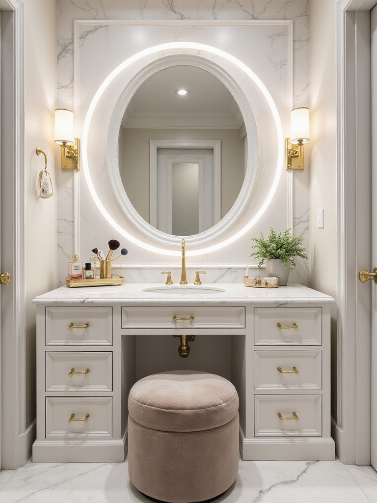 Glamorous bathroom with a dedicated makeup vanity area featuring a marble countertop, LED mirror, and velvet stool.