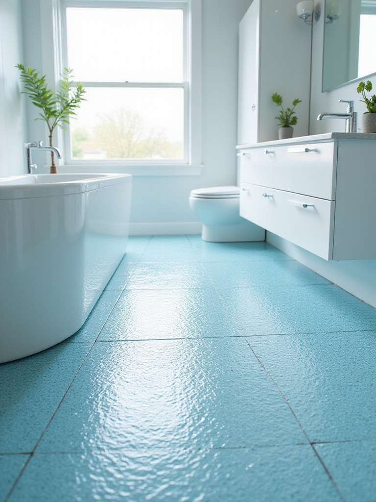 Modern bathroom with light blue glass mosaic tile floor.